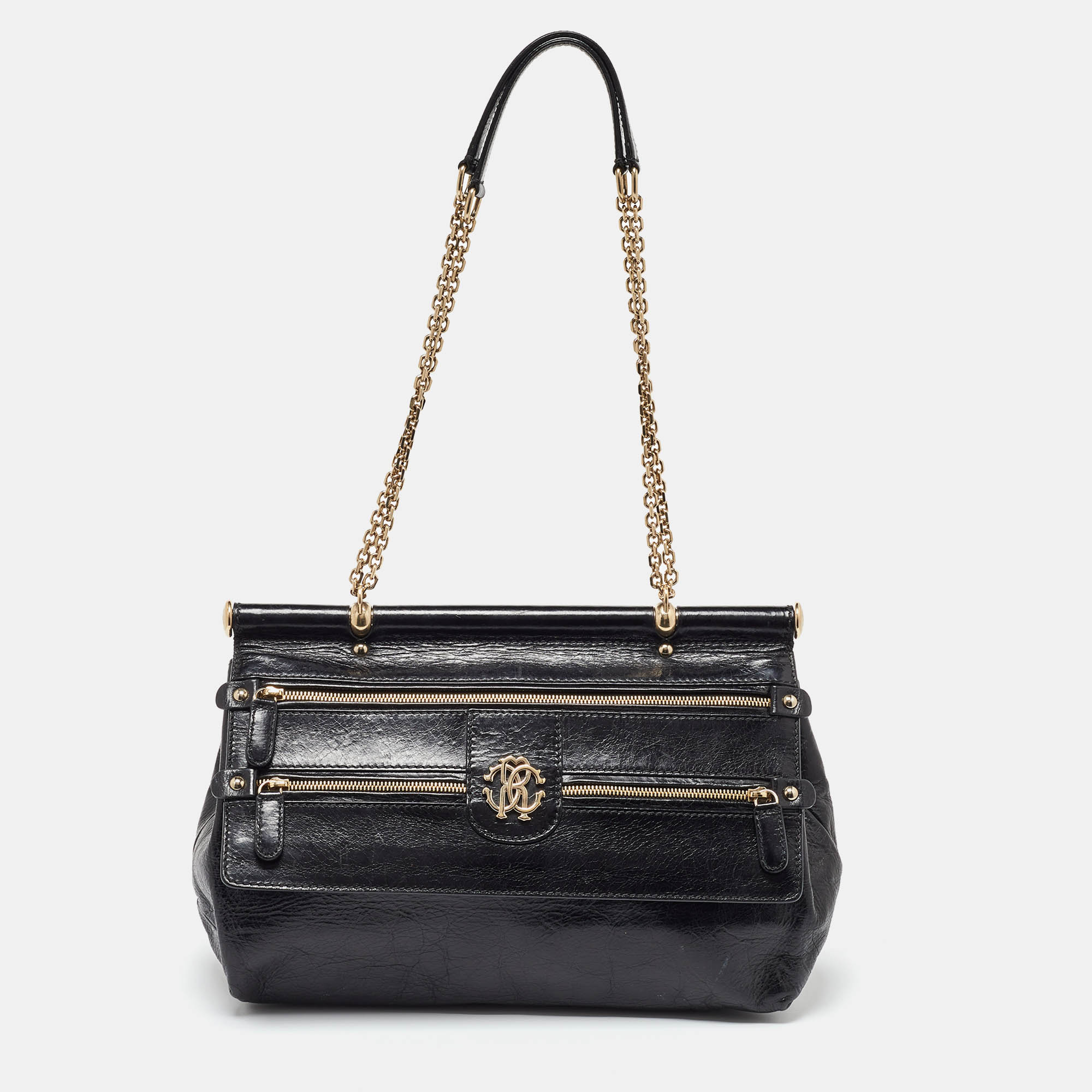 

Roberto Cavalli Black Leather Diva Top Handle Bag