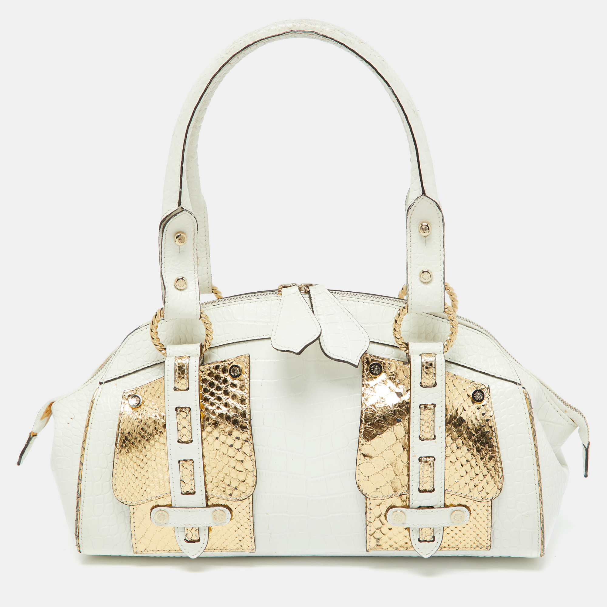 Pre-owned Roberto Cavalli White/gold Croc Embossed Leather And Snakeskin Satchel