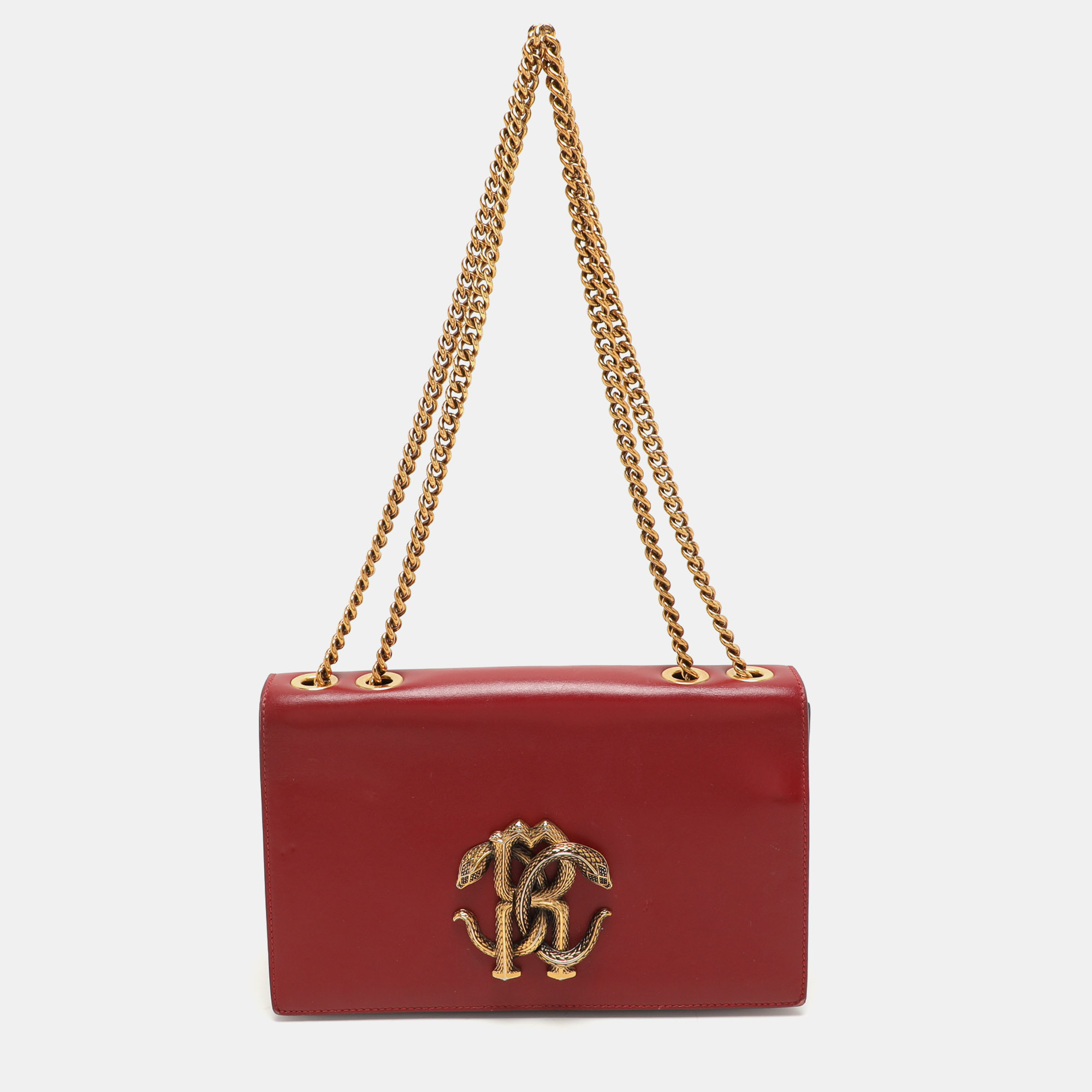 

Roberto Cavalli Red Leather RC Monogram Flap Chain Bag