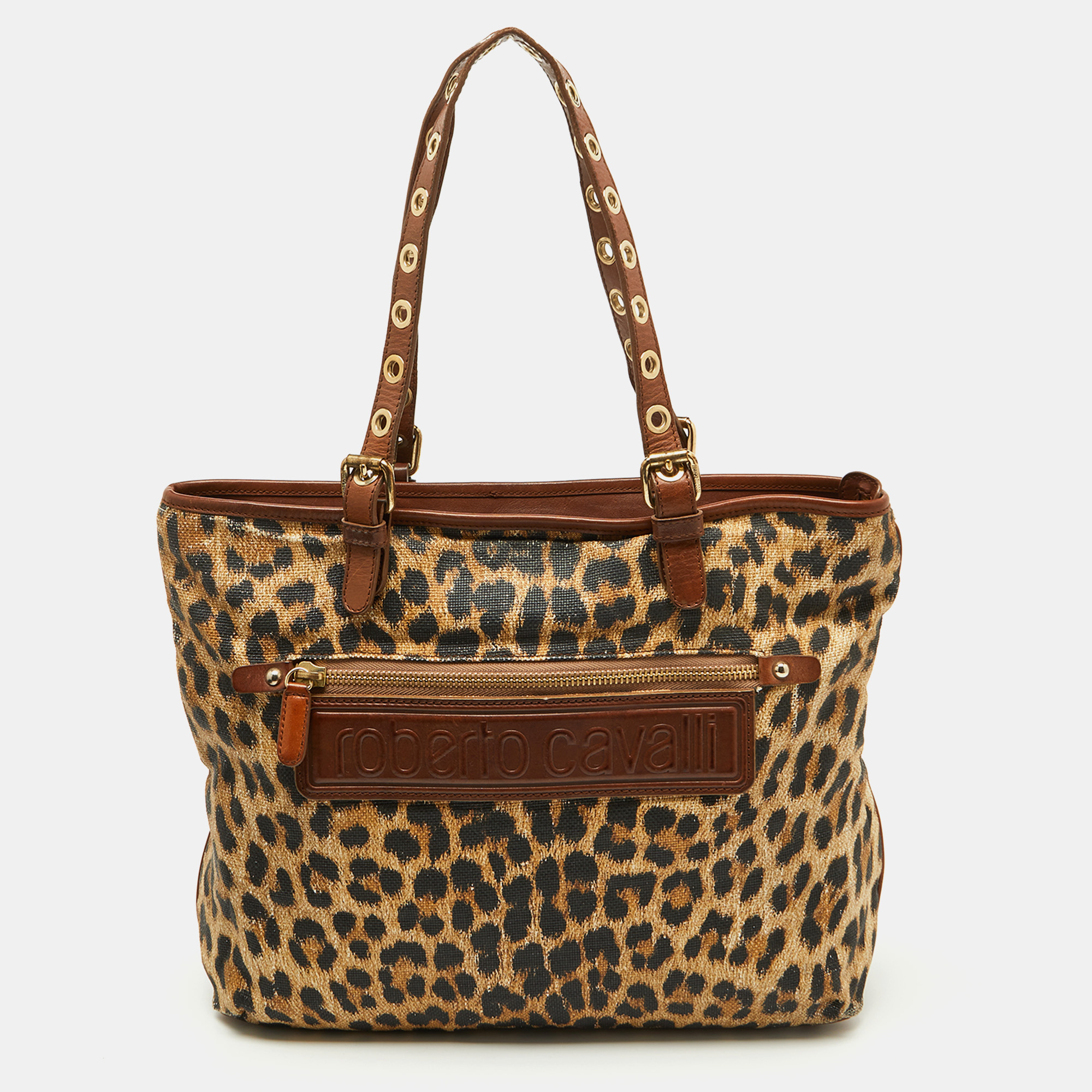 

Roberto Cavalli Brown Leopard Print Straw and Leather Front Zip Tote