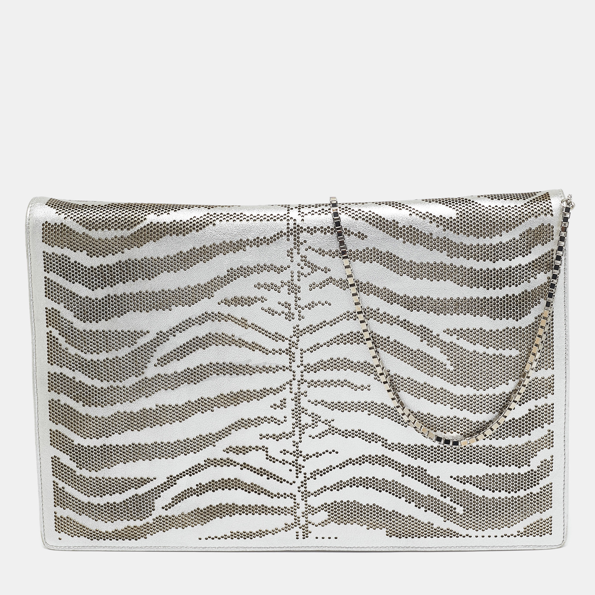 

Roberto Cavalli Silver Perforated Zebra Effect Leather Chain Flap Clutch