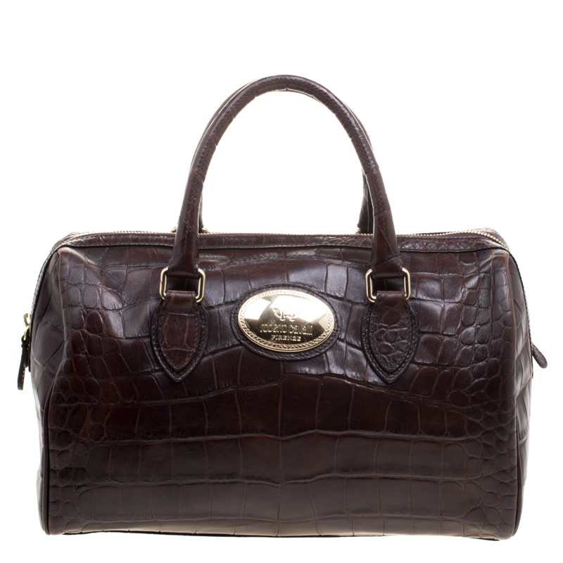 Pre Owned Roberto Cavalli Brown Croc Embossed Leather Boston Bag