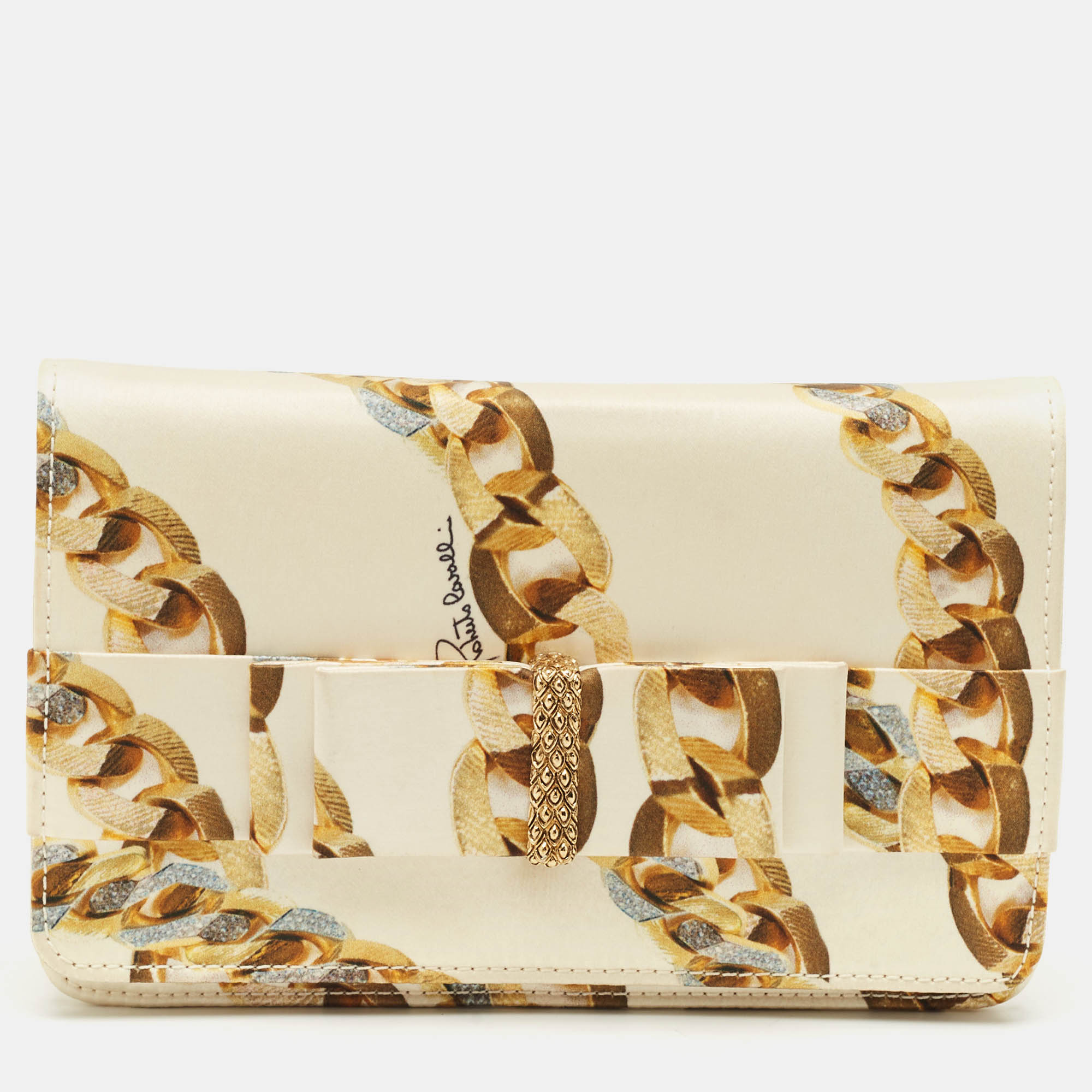 

Roberto Cavalli Gold Chainlink Print Fabric Bow Clutch