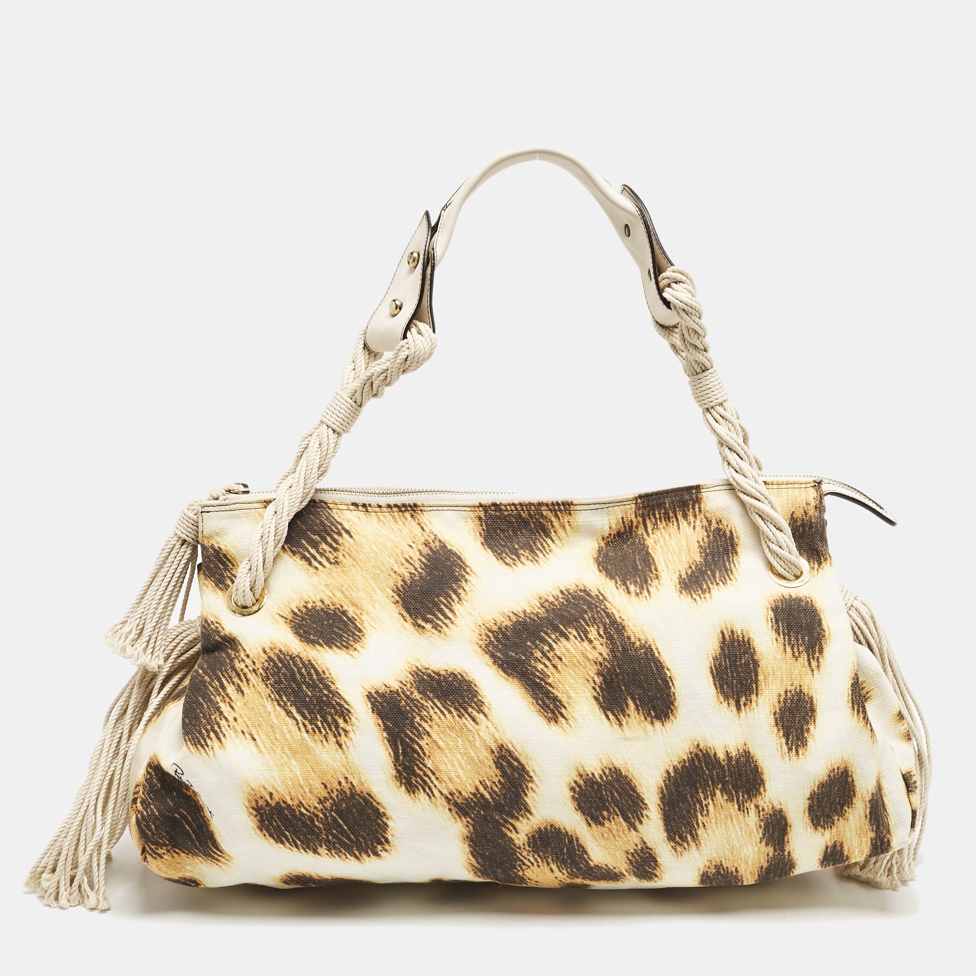 

Roberto Cavalli White/Brown Leopard Print Canvas Tassel Hobo