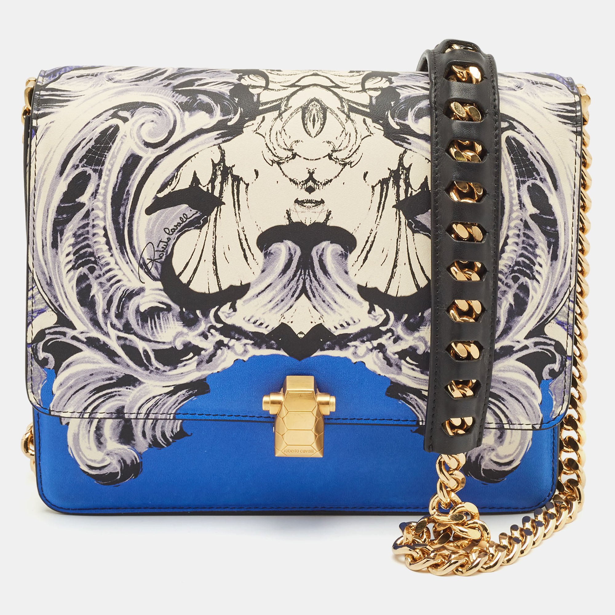 

Roberto Cavalli Blue Printed Leather Hera Shoulder Bag