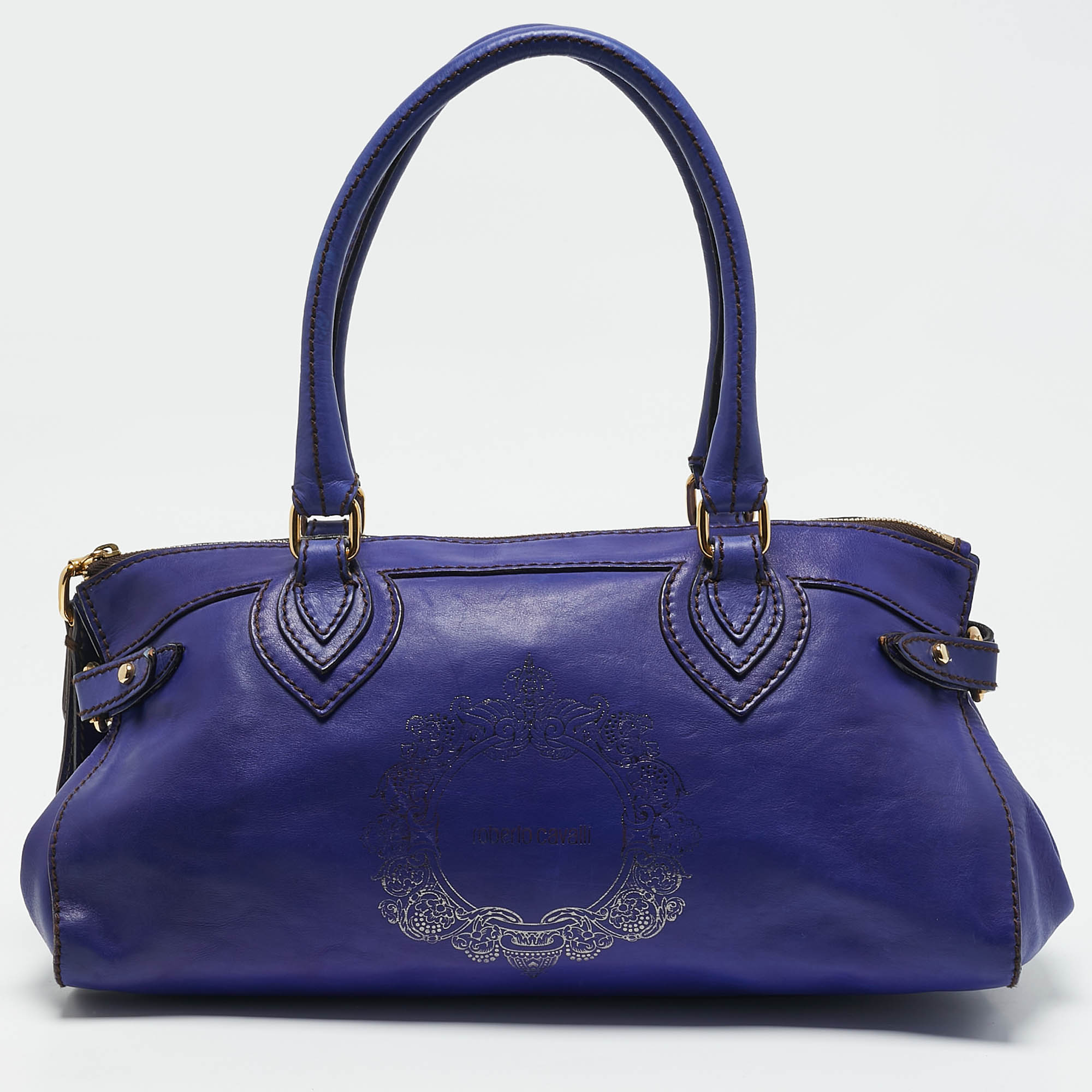 

Roberto Cavalli Dark Blue Leather Logo Embossed Satchel