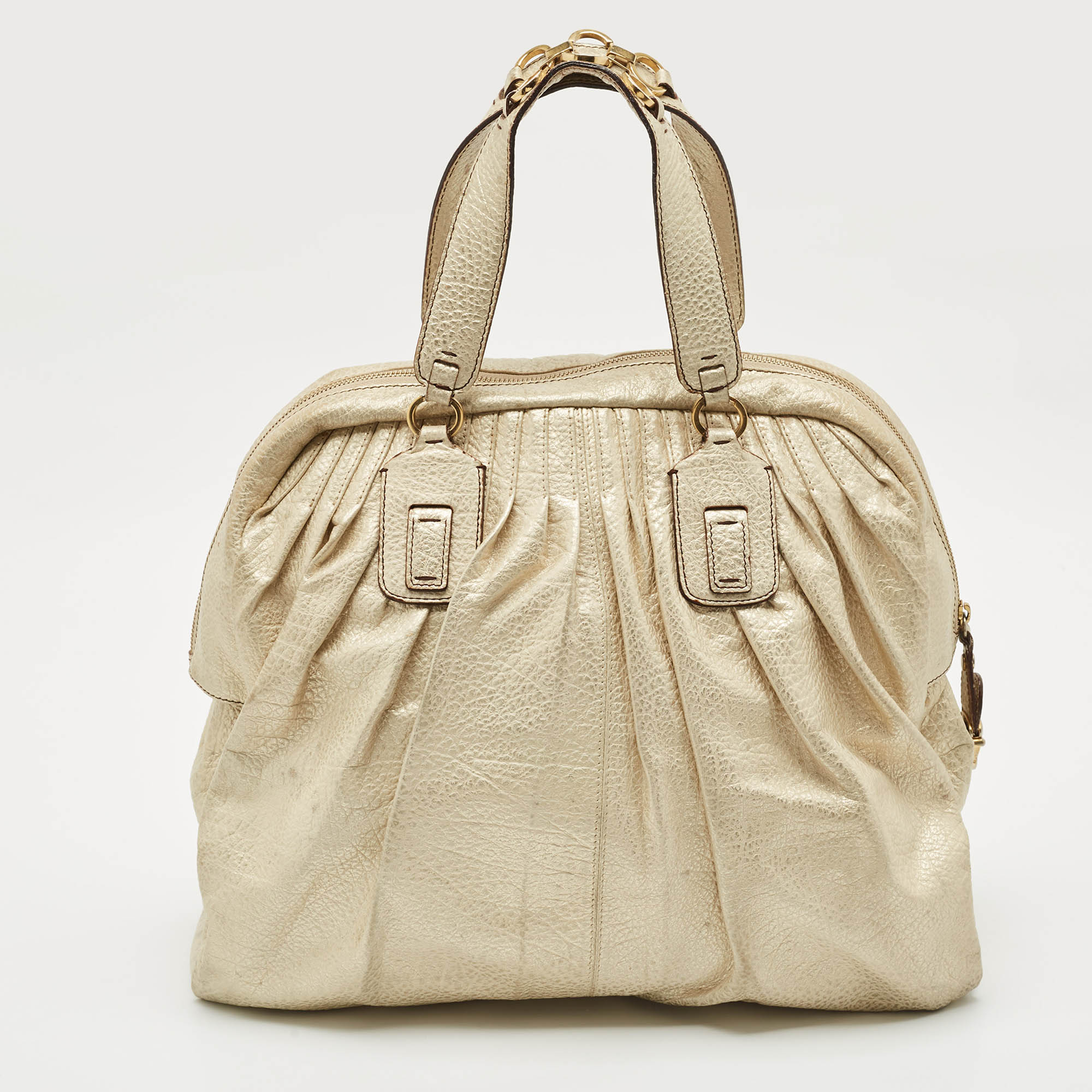 

Roberto Cavalli Gold Textured Leather Zip Satchel