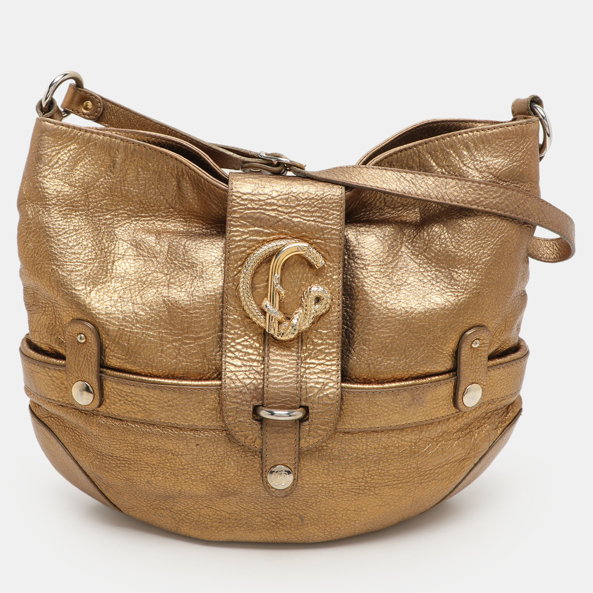 

Roberto Cavalli Gold Leather Charm Flap Hobo