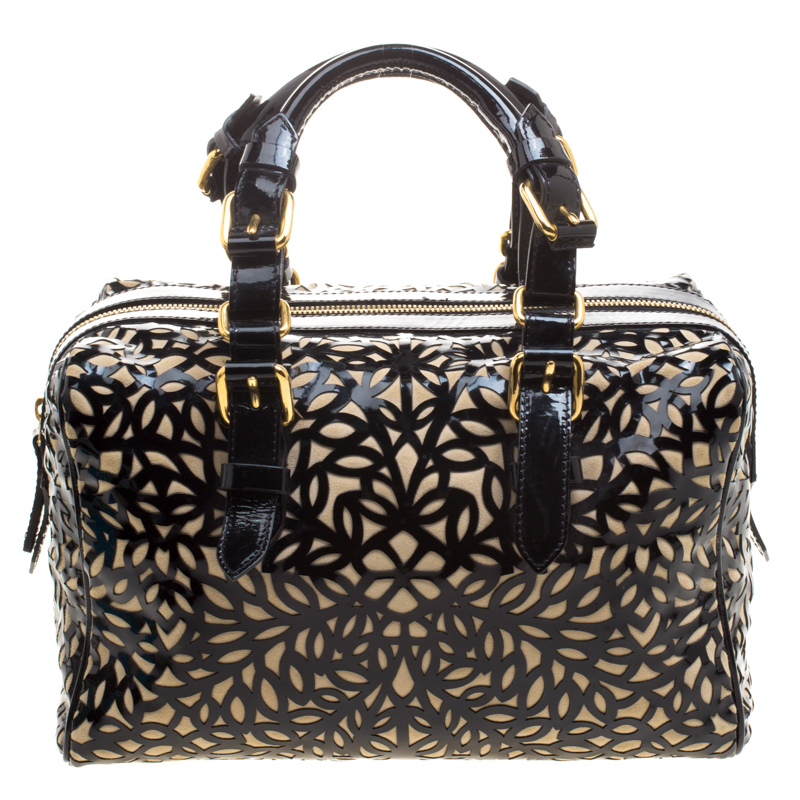 Pre Owned Roberto Cavalli Black Laser Cut Patent Leather Boston Bag