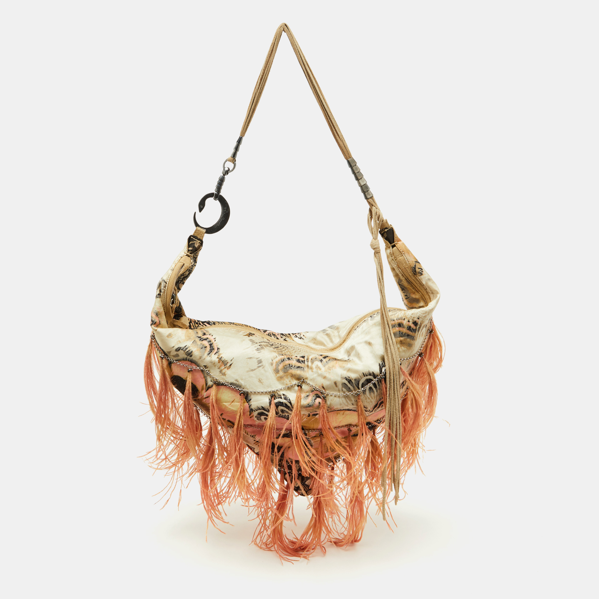 

Roberto Cavalli Multicolor Printed Satin Feather Trimmed Shoulder Bag