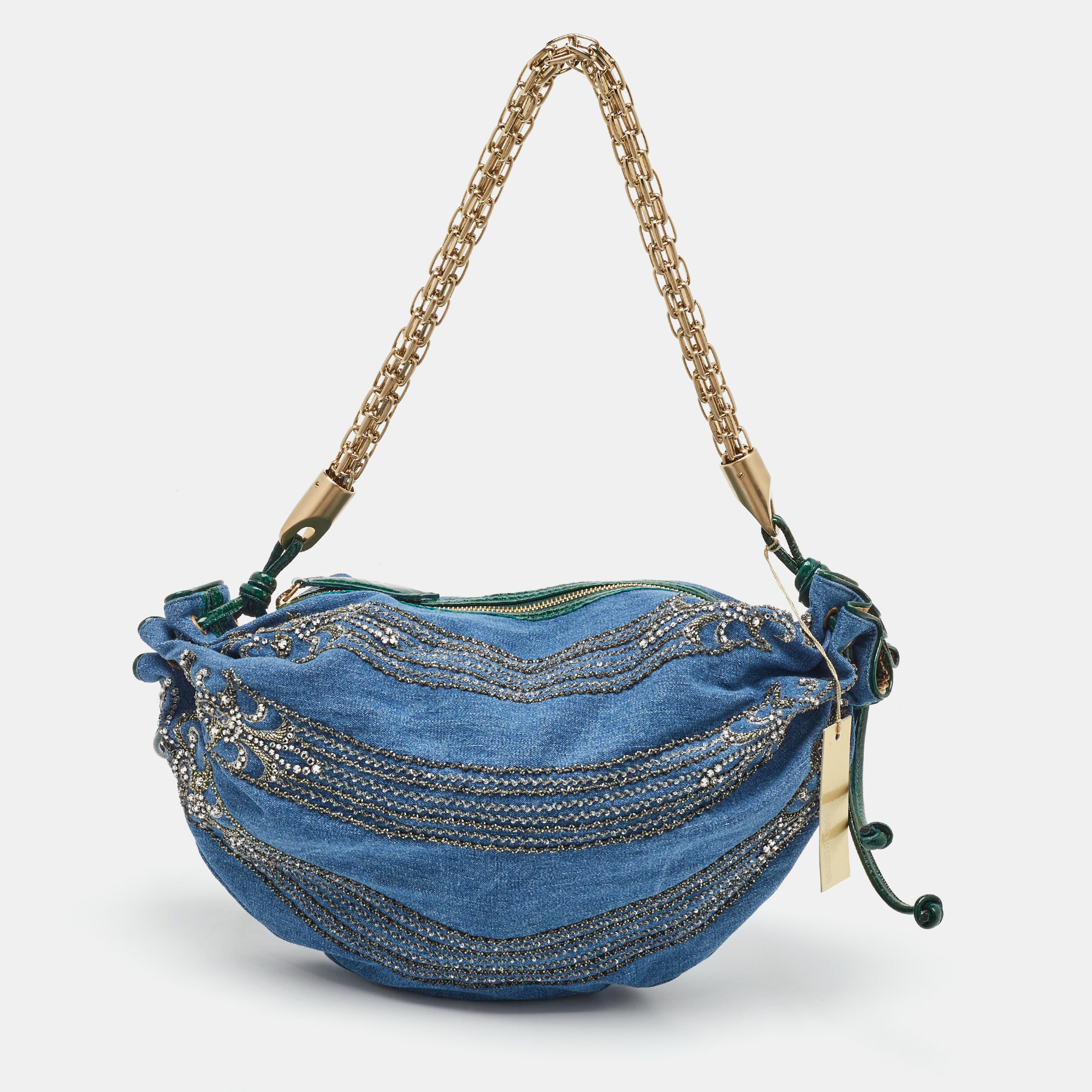 

Roberto Cavalli Blue/Green Denim and Patent Leather Embellished Chain Hobo