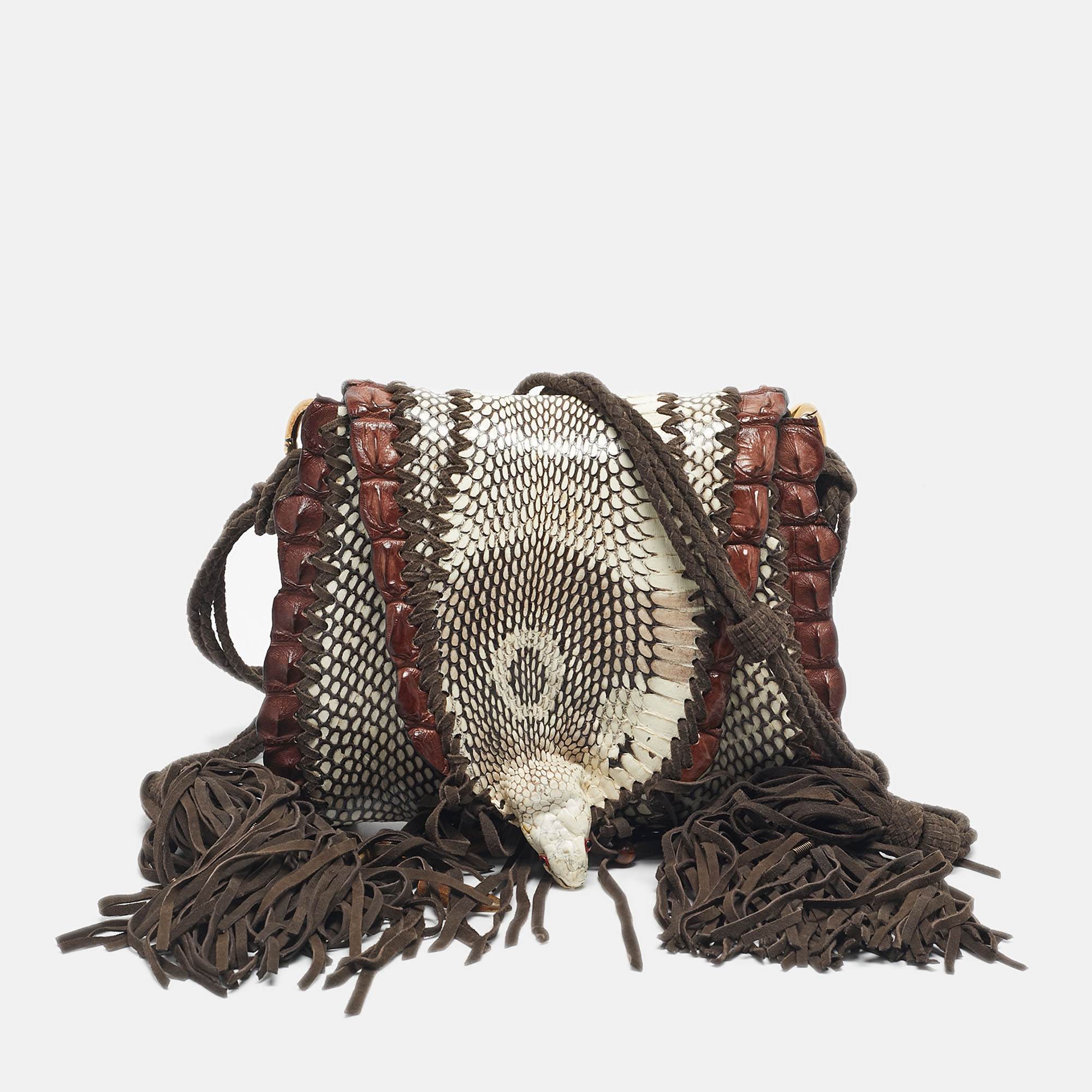 

Roberto Cavalli Dark Brown/White Suede, Snakeskin and Crocodile Fringe Crossbody Bag