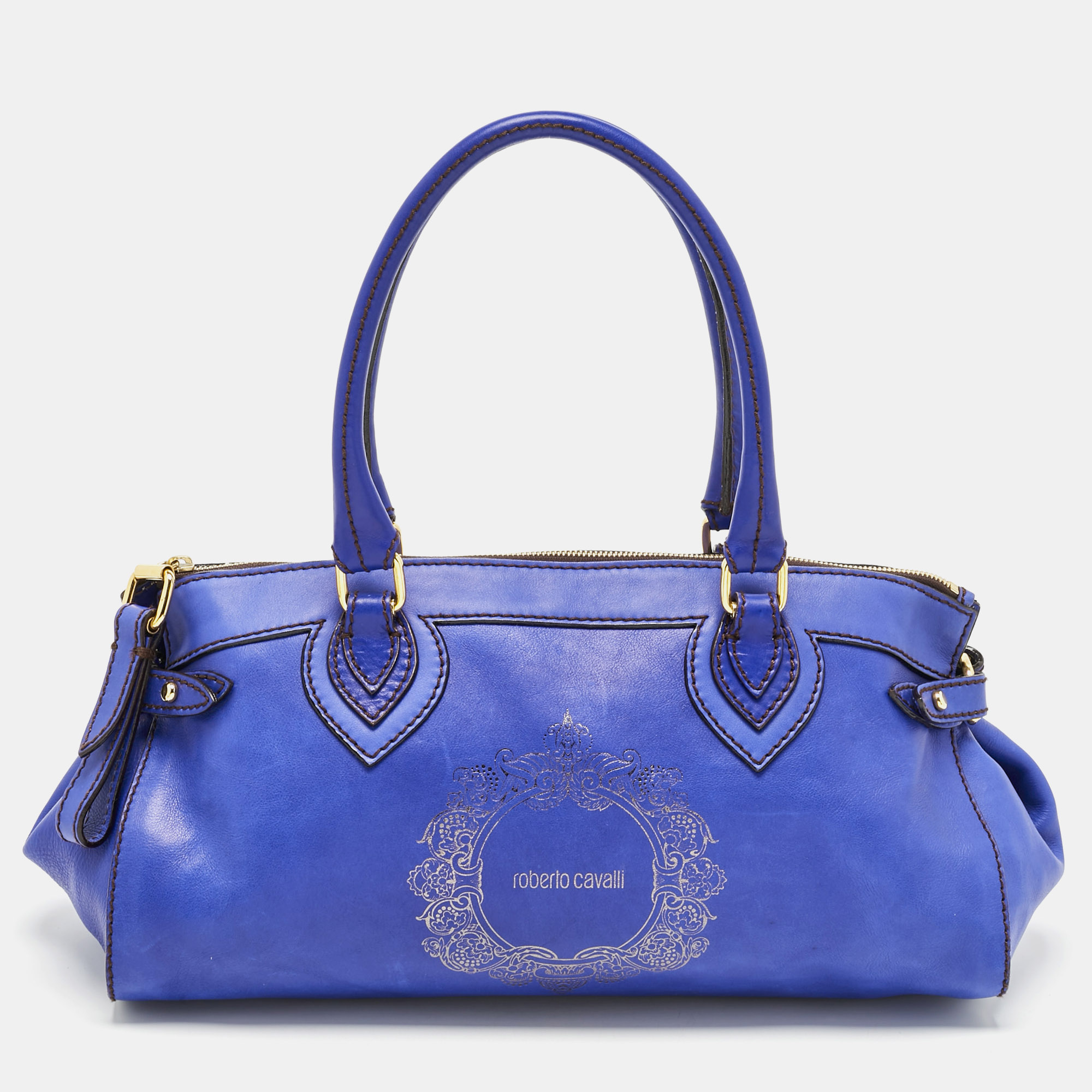Roberto Cavalli Royal Blue Leather Logo Zip Satchel