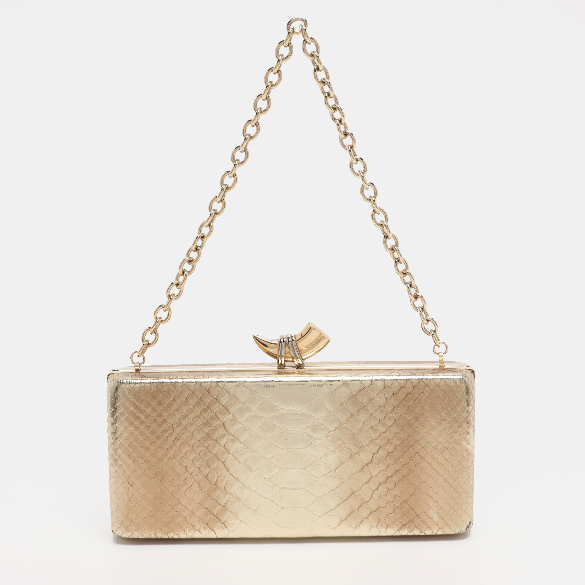 Pre-owned Roberto Cavalli Gold Python Embossed Leather Box Chain Clutch