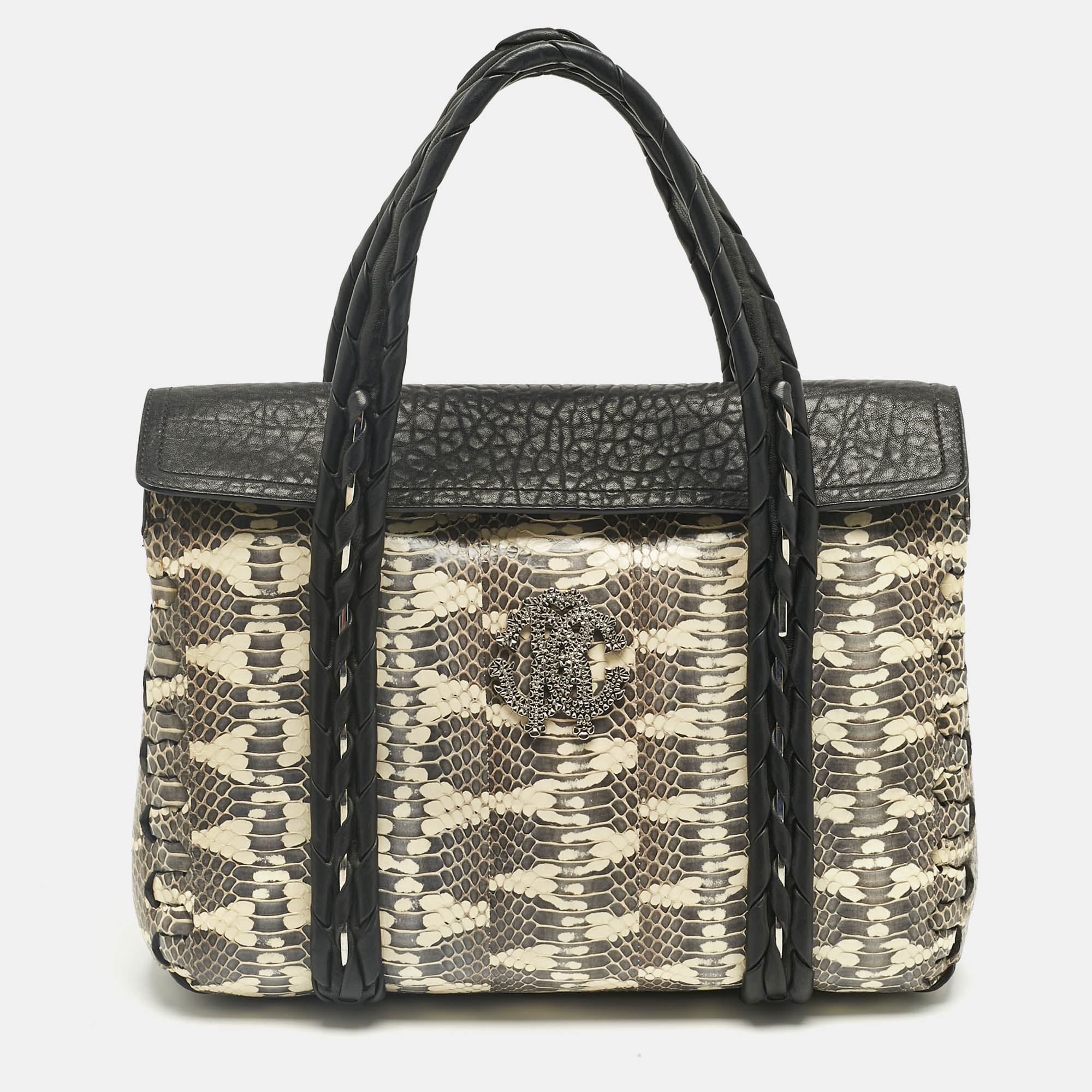 Pre-owned Roberto Cavalli Black/cream Watersnake And Leather Rc Flap Tote
