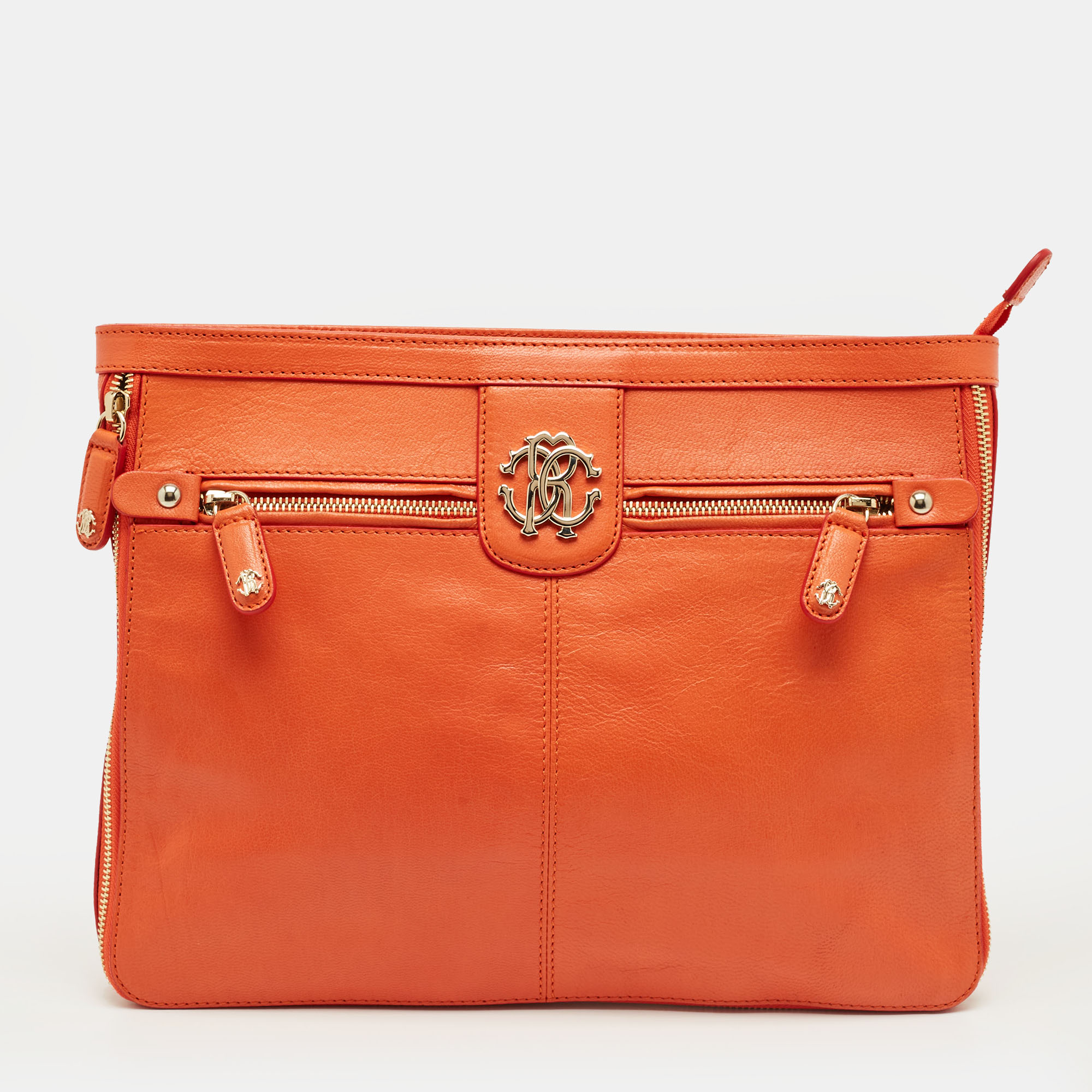 

Roberto Cavalli Orange Leather RC Logo Zip Aound Clutch