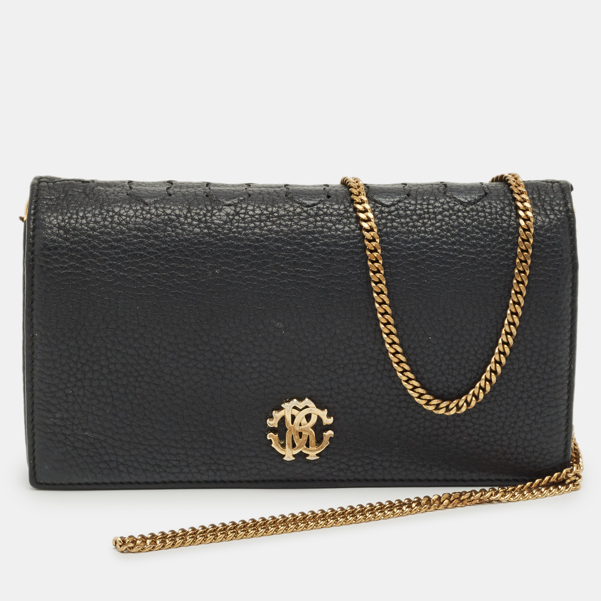 Pre-owned Roberto Cavalli Black Leather Rc Flap Wallet On Chain