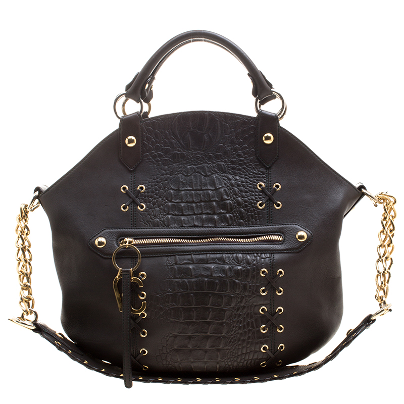 Roberto Cavalli Dark Brown Croc Embossed Leather Tote