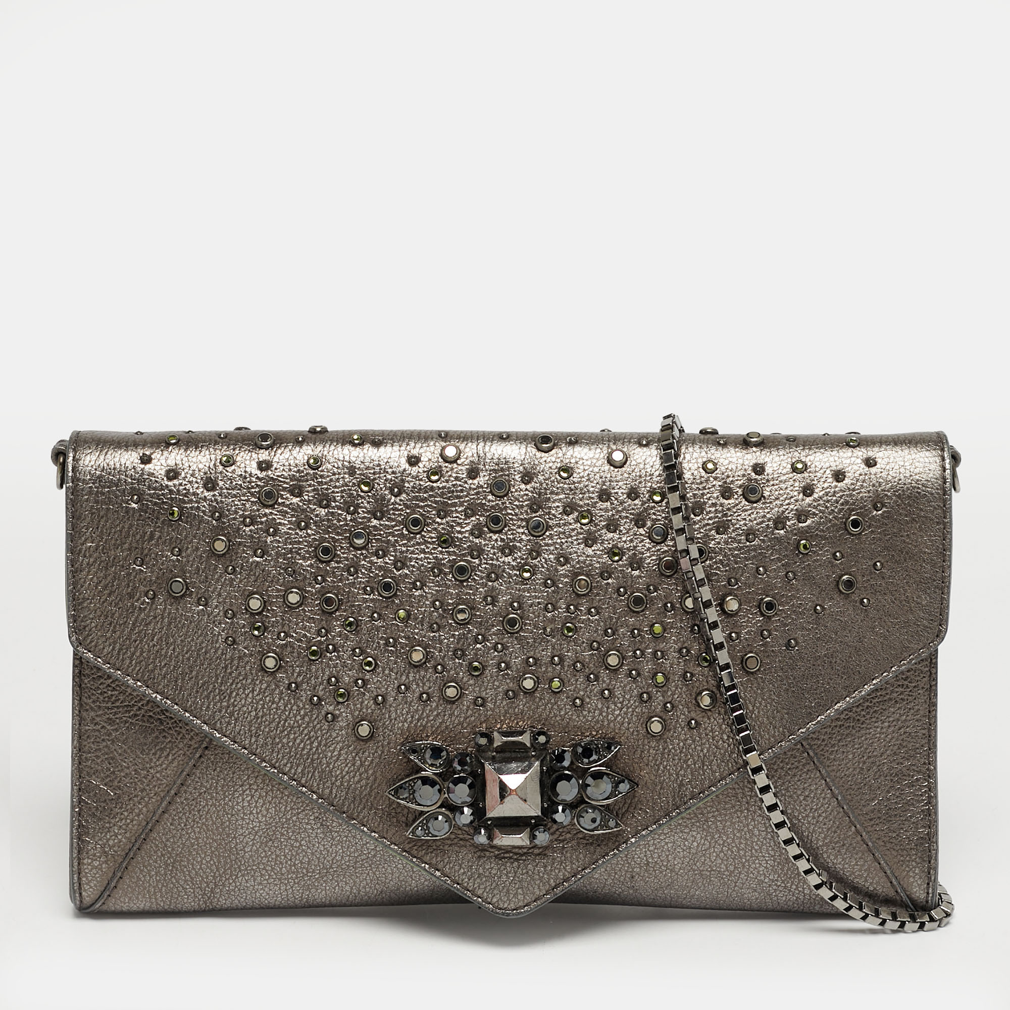 

Roberto Cavalli Crystal Embellished Metallic Grey Leather Chain Clutch