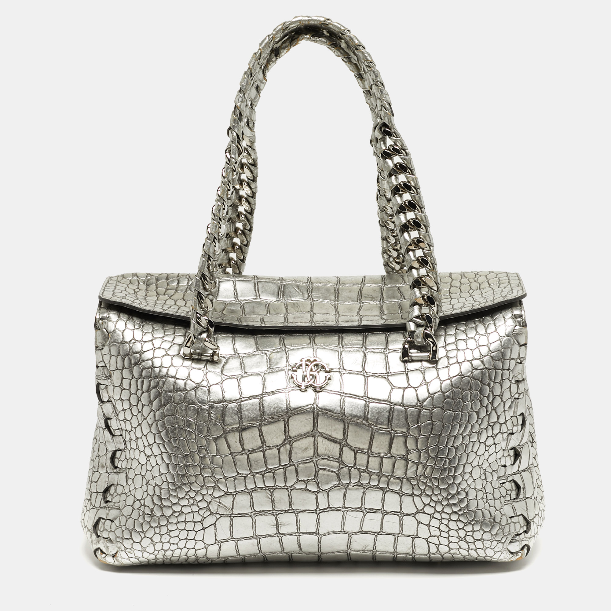 

Roberto Cavalli Silver Alligator Chain Flap Satchel