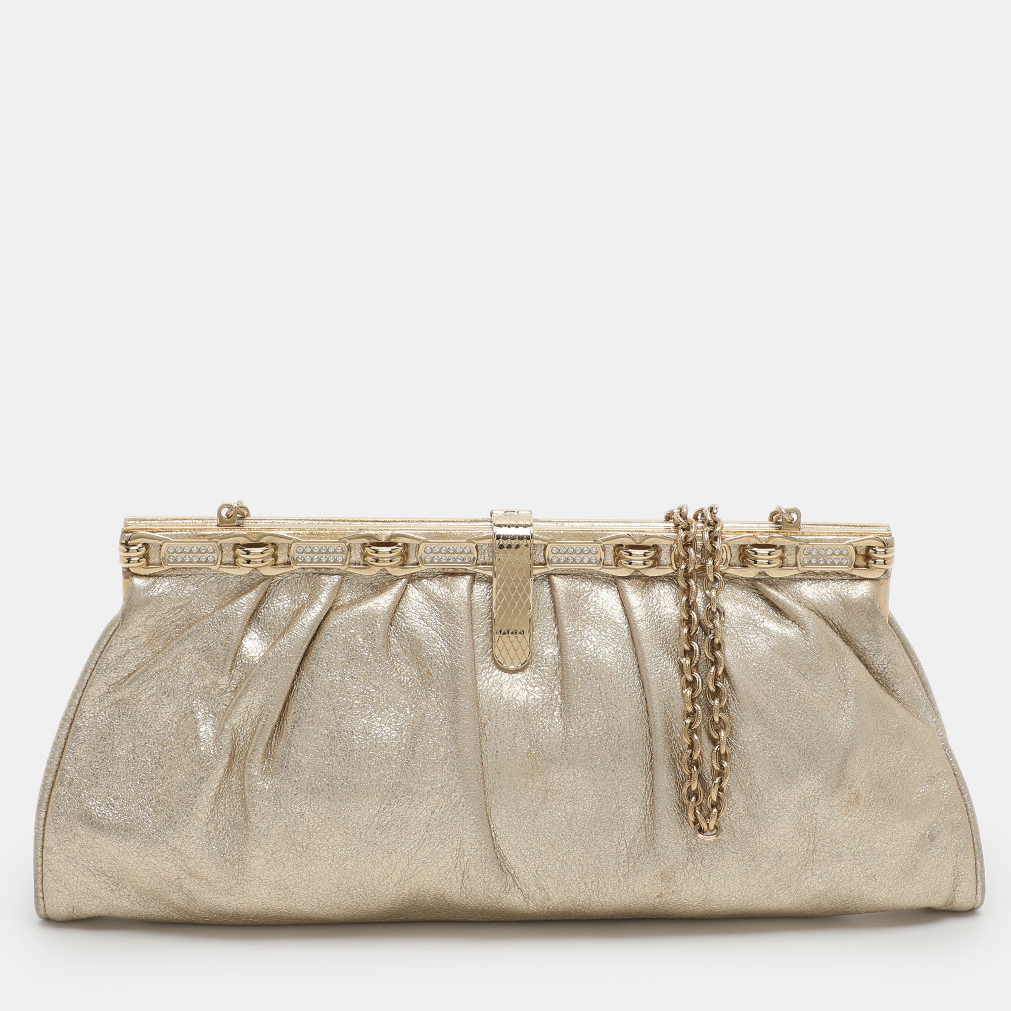 

Roberto Cavalli Gold Metallic Leather Chain Clutch Bag