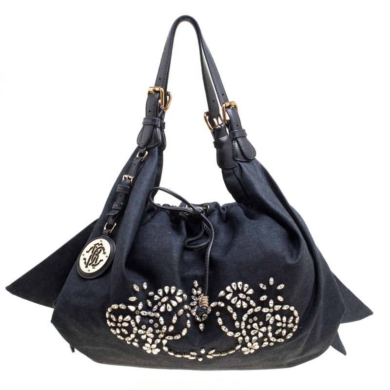 Pre Owned Roberto Cavalli Dark Blue Denim Crystal Embellished Drawstring Hobo