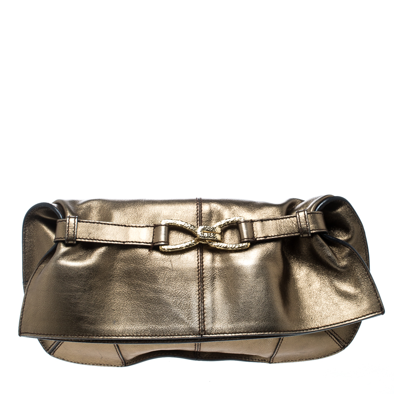 Pre Owned Roberto Cavalli Gold Leather Fold Over Clutch