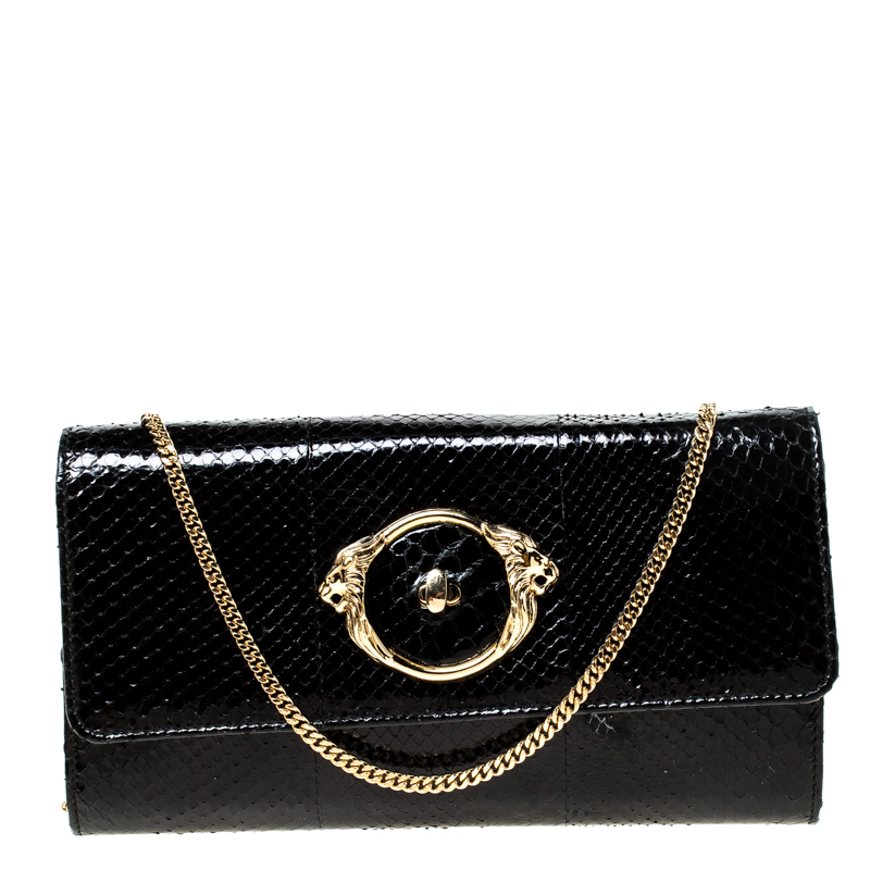 Pre Owned Roberto Cavalli Black Python Turnlock Flap Chain Clutch