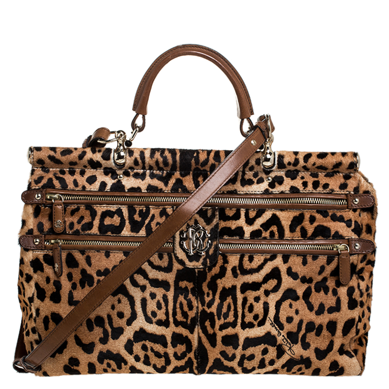 Roberto Cavalli Brown Leopard Print Calfhair and Leather Grande Diva Satchel