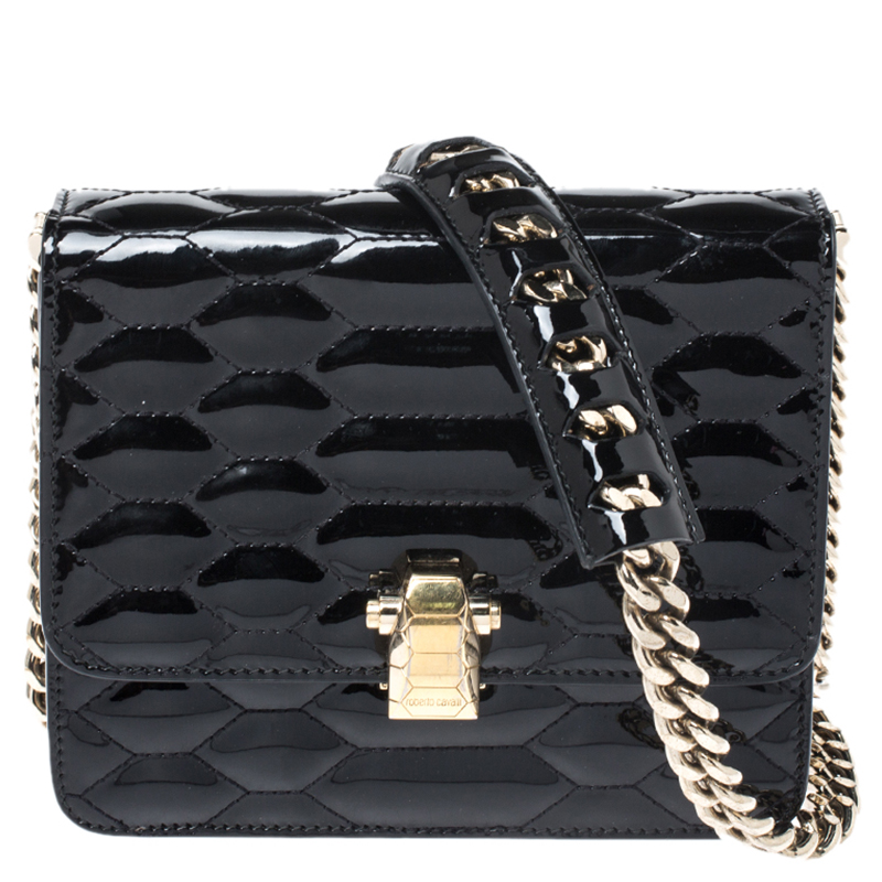 Pre Owned Roberto Cavalli Black Patent Leather Milano Flap Shoulder Bag