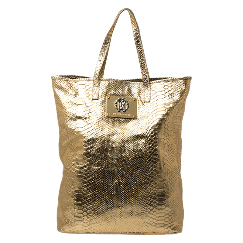 Pre Owned Roberto Cavalli Gold Python Embossed Leather Shopper Tote