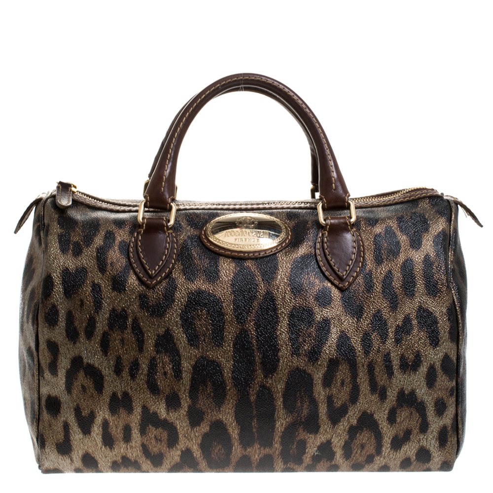 Pre Owned Roberto Cavalli Brown/Gold Leopard Printed Leather Boston Bag