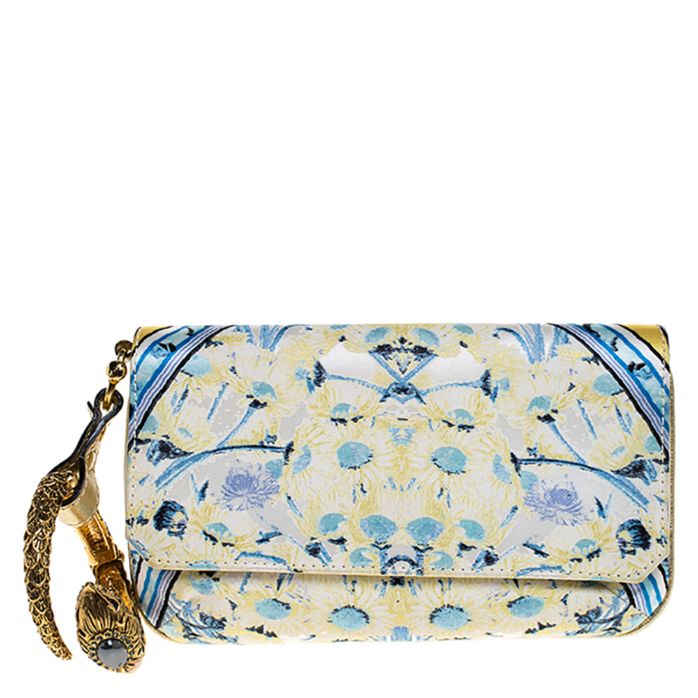 Pre Owned Roberto Cavalli Multicolor Floral Print Satin Serpent Bracelet Wristlet Clutch     