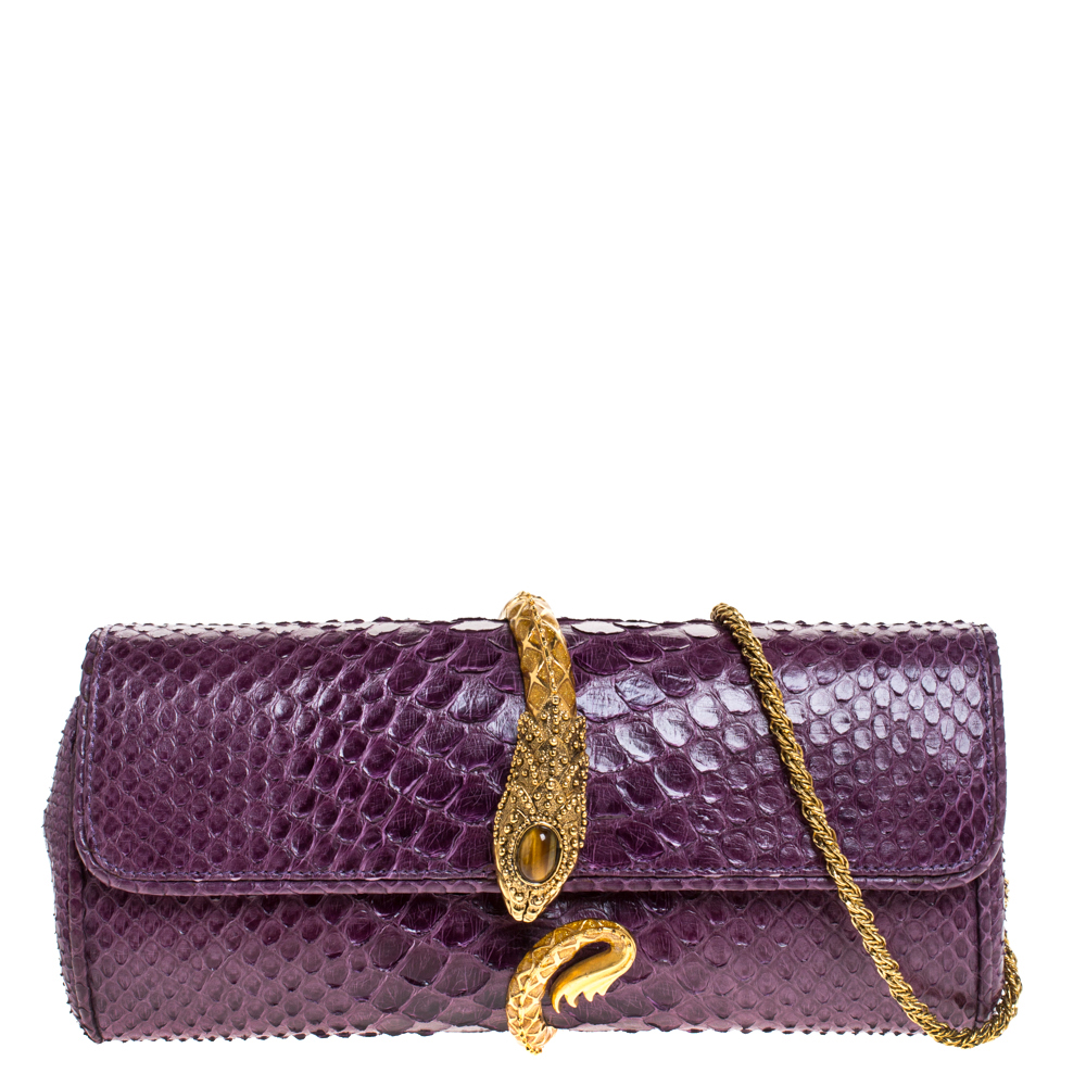 Pre Owned Roberto Cavalli Purple Python Serpent Chain Clutch