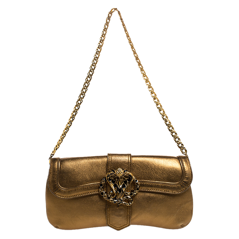 Pre Owned Roberto Cavalli Metallic Gold Leather Chain Clutch