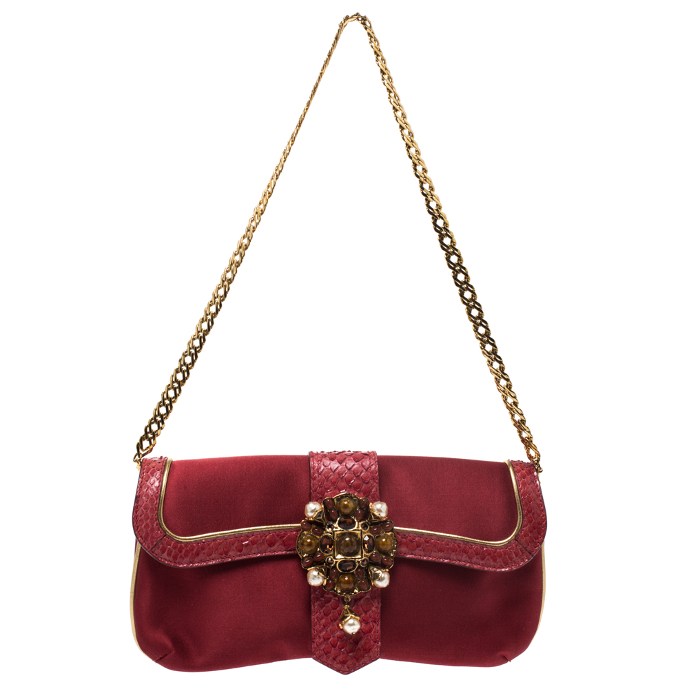 Pre Owned حقيبة كلاتش روبرتو كافالي سلسلة جلد ثعبان وساتان ذهبية / حمراء
