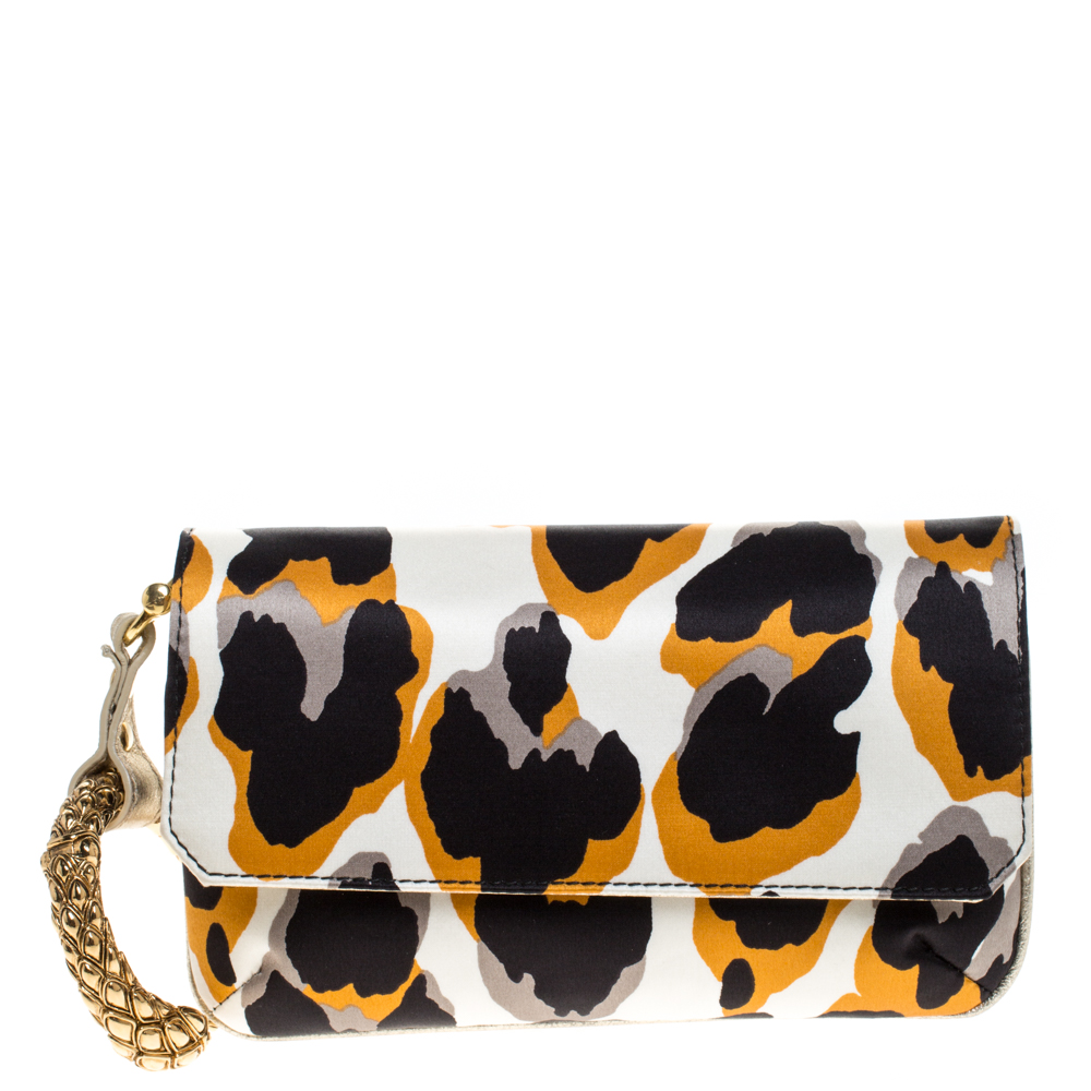 مملوكة مسبقًا Roberto Cavalli Multicolor Leopard Print Satin Serpent Bracelet Wristlet Clutch