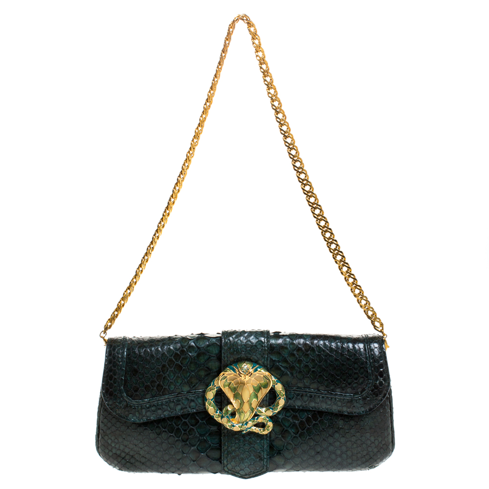 Pre Owned Roberto Cavalli Green Python Serpent Chain Clutch