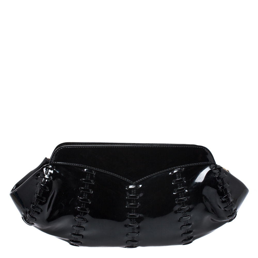 Pre Owned حقيبة كلاتش روبرتو كافالي جلد لامعة سوداء