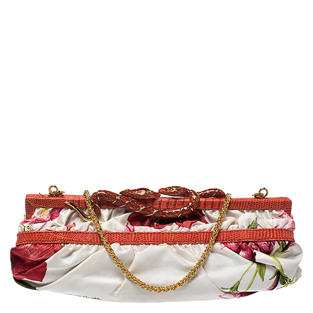 Pre-owned Roberto Cavalli Multicolor Floral Satin And Snakeskin Effect Leather Frame Chain Clutch