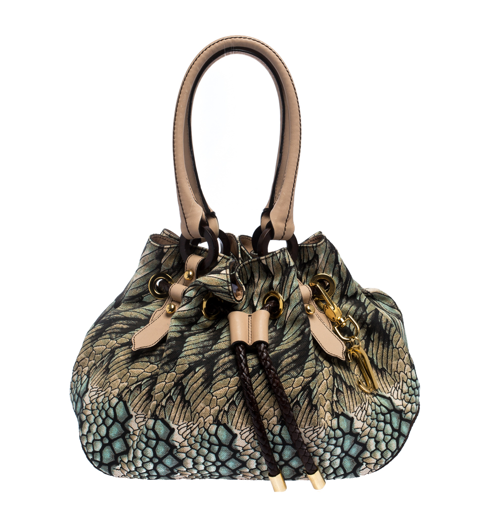 Roberto Cavalli Multicolor Printed Canvas and Leather Drawstring Bag