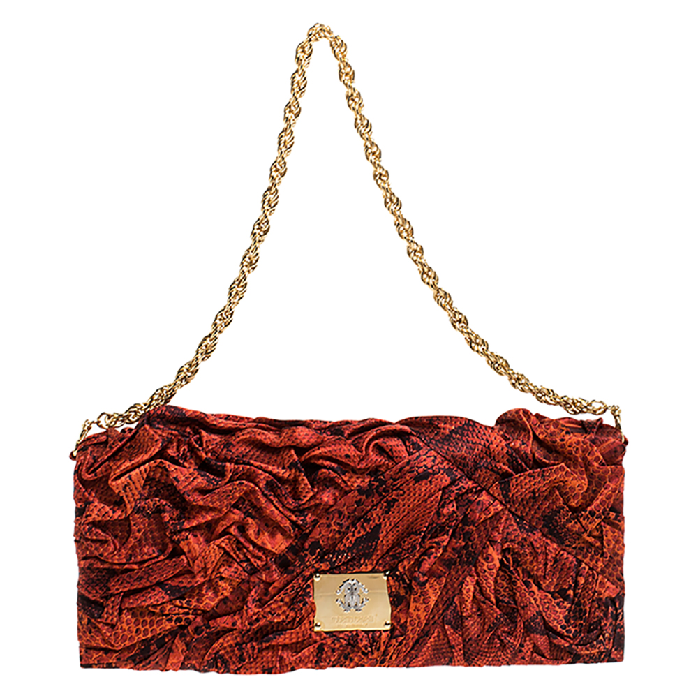 Pre Owned حقيبة كلاتش روبرتو كافالي سلسلة ساتان جلد ثعبان طباعة حمراء