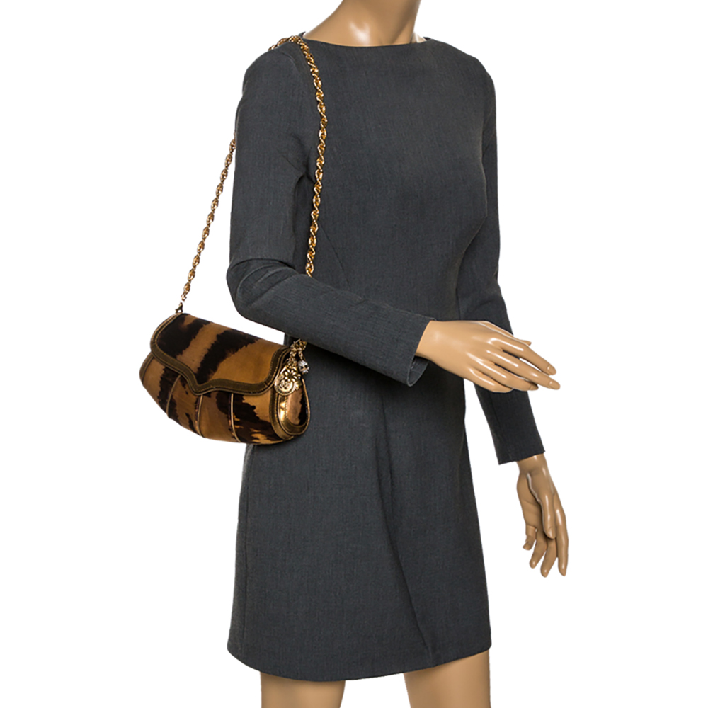 

Roberto Cavalli Brown Printed Satin and Leather Charm Shoulder Bag