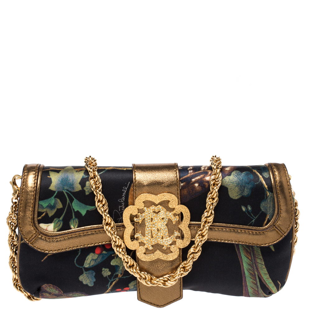 Pre Owned Roberto Cavalli Multicolor Printed Satin and Leather Chain Clutch
