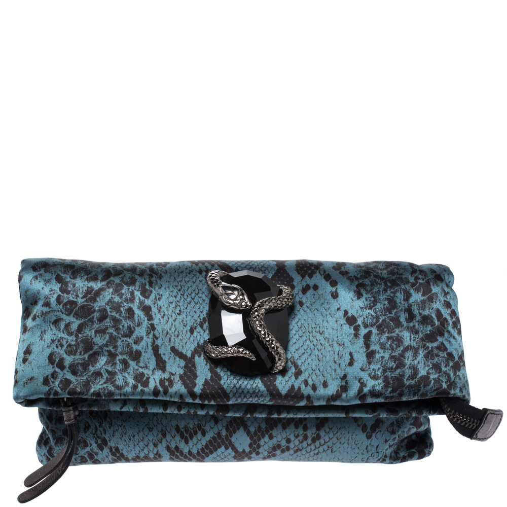 Pre Owned Roberto Cavalli Blue Snake Print Satin Foldover Clutch