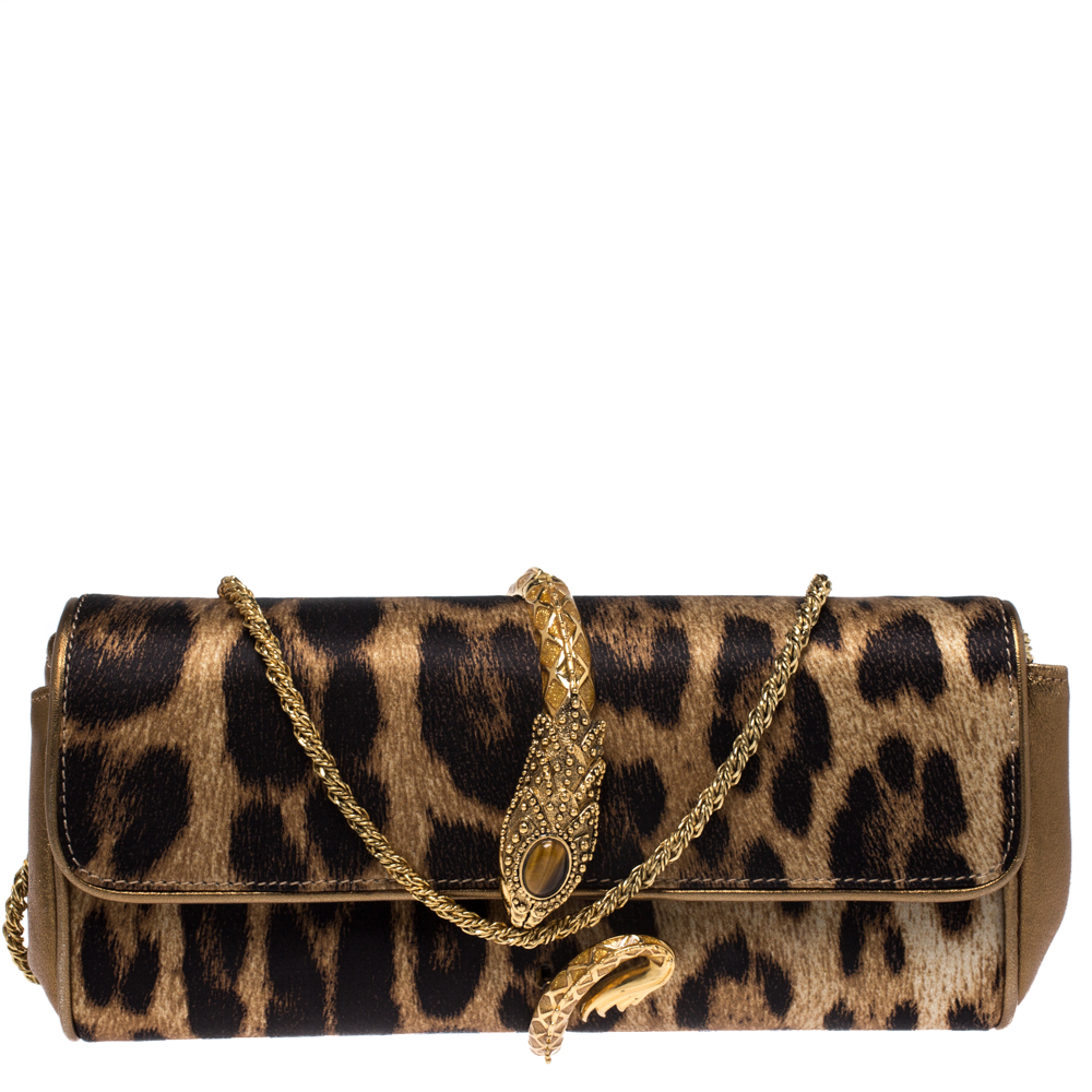 Pre Owned Roberto Cavalli Brown Leopard Print Satin and Leather Serpent Chain Clutch
