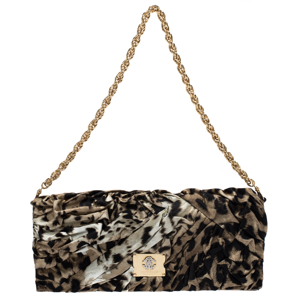 Pre Owned Roberto Cavalli Brown/Black Leopard Print Satin Pleated Chain Clutch