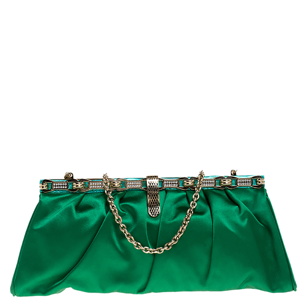Pre-owned Roberto Cavalli Green Satin Embellished Frame Chain Clutch