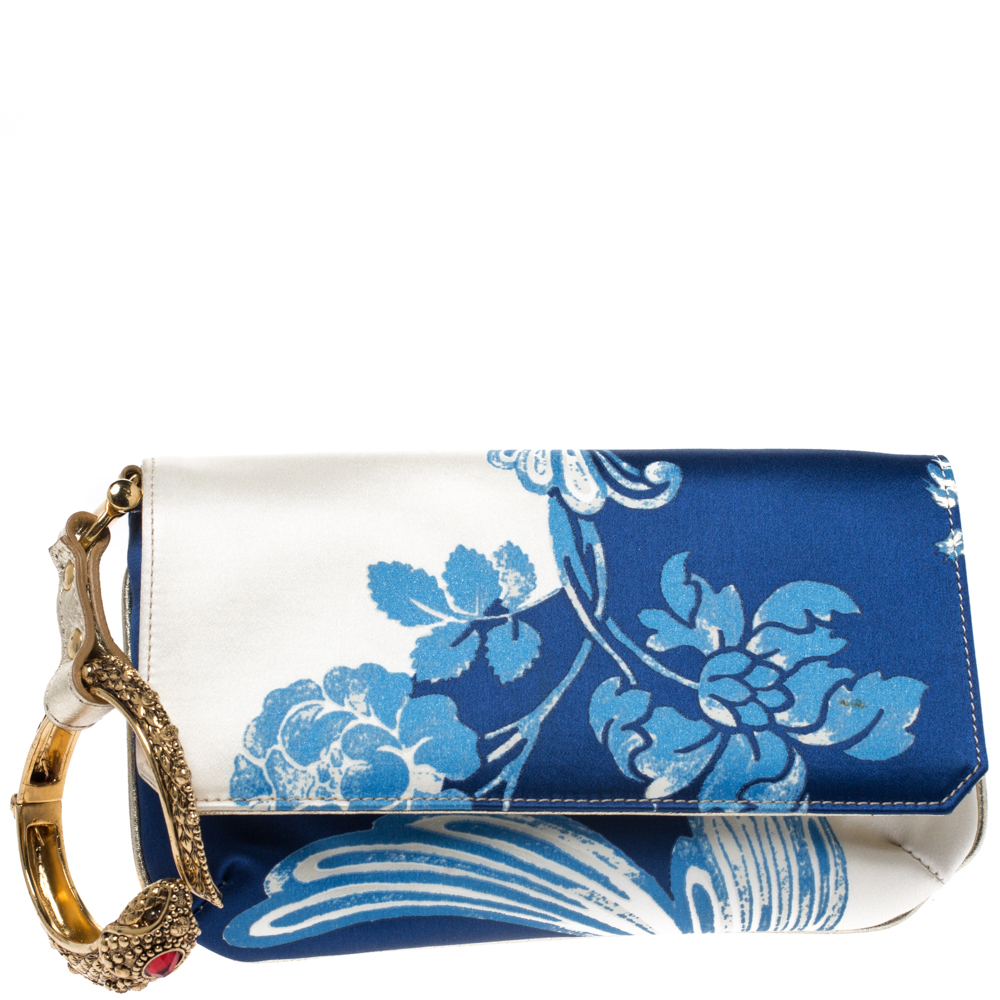 Pre Owned Roberto Cavalli Blue/White Floral Print Satin and Leather Serpent Wristlet Clutch     
