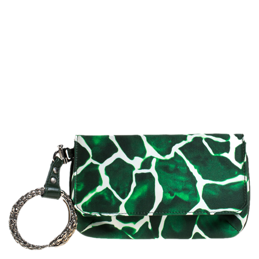 Pre Owned Roberto Cavalli Green/White Satin and Leather Serpent Wristlet Clutch